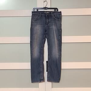 BKE Tyler Jeans Mens 34R Blue Faded Whiskered Thick Stitch Western Straight Leg